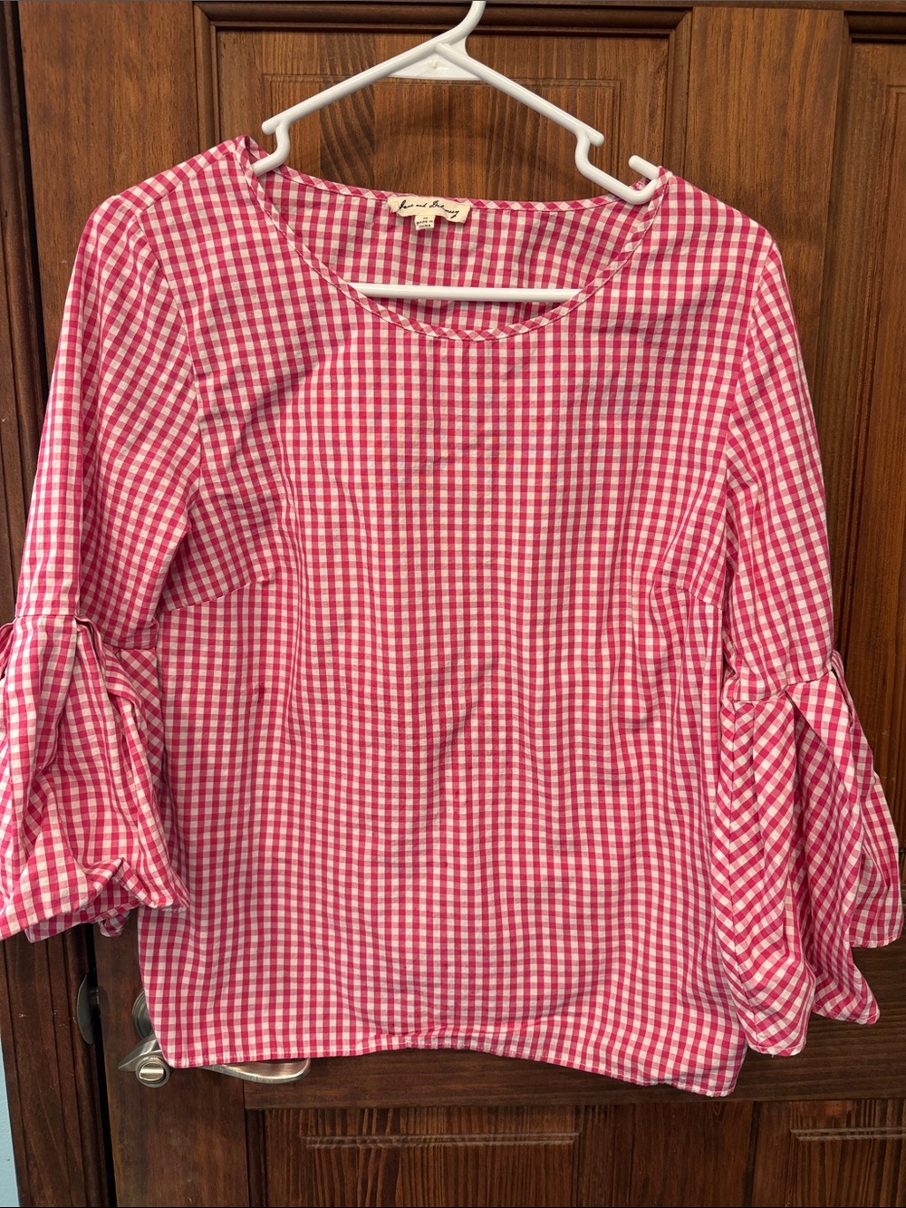 Jane and Delancey Pink Gingham Bell-Sleeve Blouse